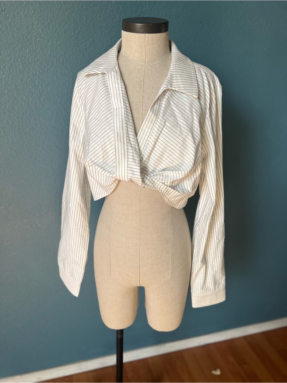 Cropped Twist Front Shirt - White with Thin black Stripes